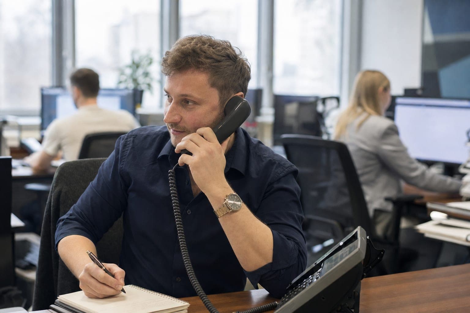 Recruiter im Büro am Telefon, daneben Notizblock und Tischapparat