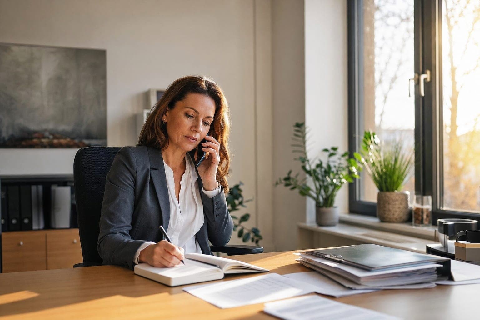 Recruiterin im Telefonat mit Notizblock am Schreibtisch